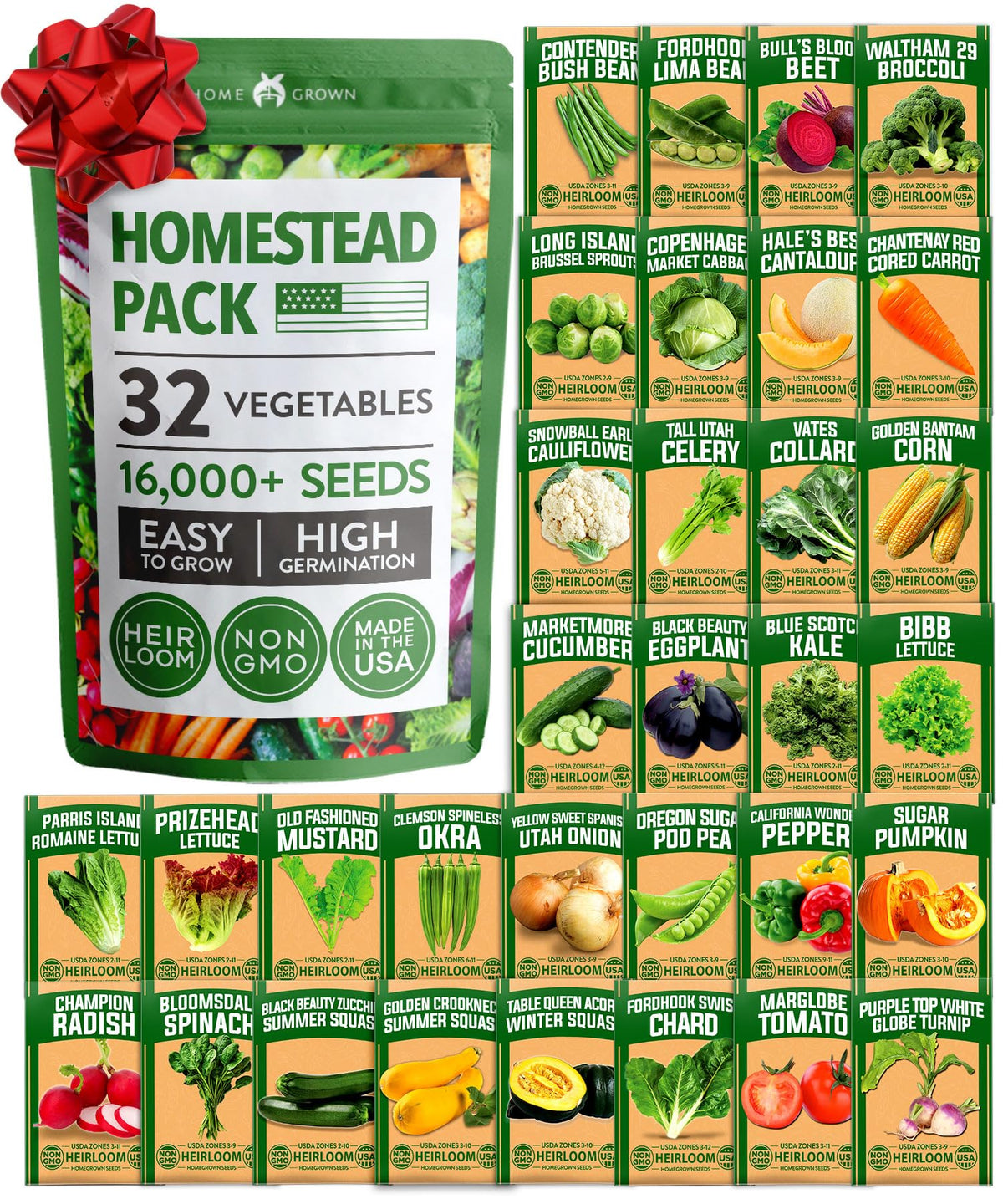 HOME GROWN 32 heirloom seeds packaging, resealable pouches support long-term storage
