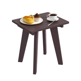 Homenjoy outdoor side table in chocolate brown with wood-grain finish beside seating.