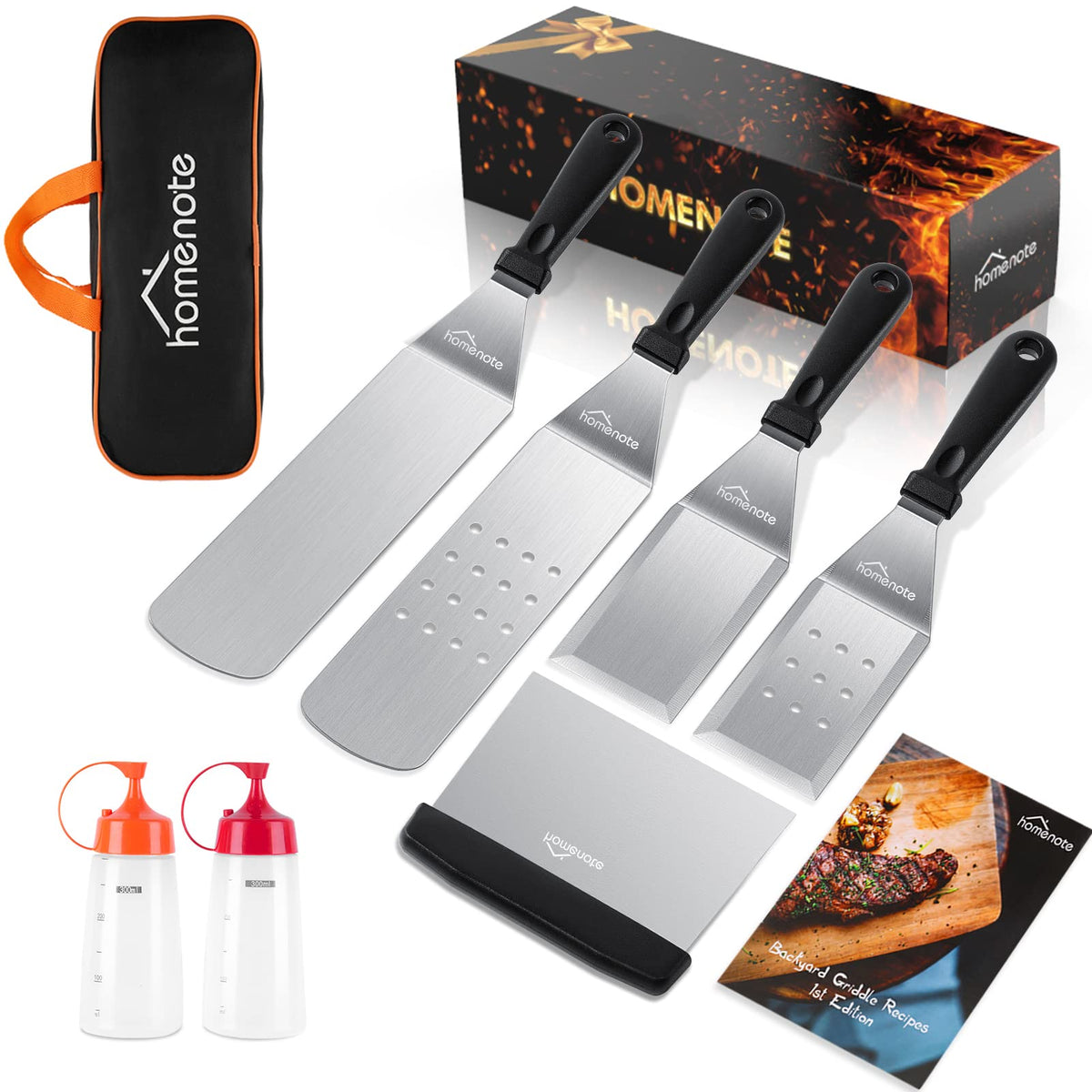 HOMENOTE oversized griddle spatulas in use for flipping burgers and eggs on a flat-top grill.