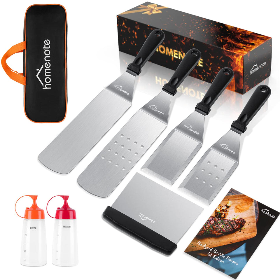 HOMENOTE oversized griddle spatulas in use for flipping burgers and eggs on a flat-top grill.