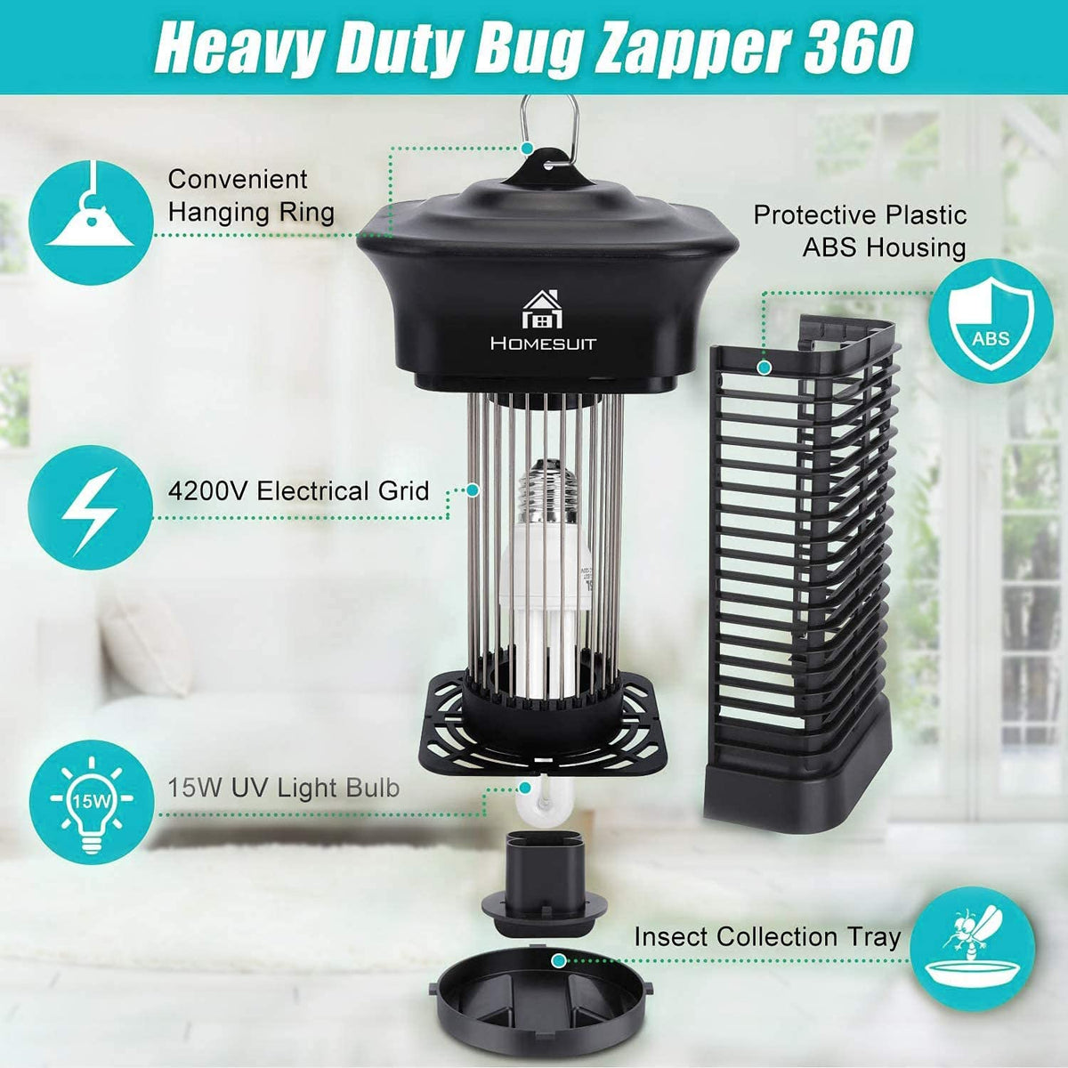 Homesuit Bug Zapper 120V safety note emphasizes proper power connection during setup
