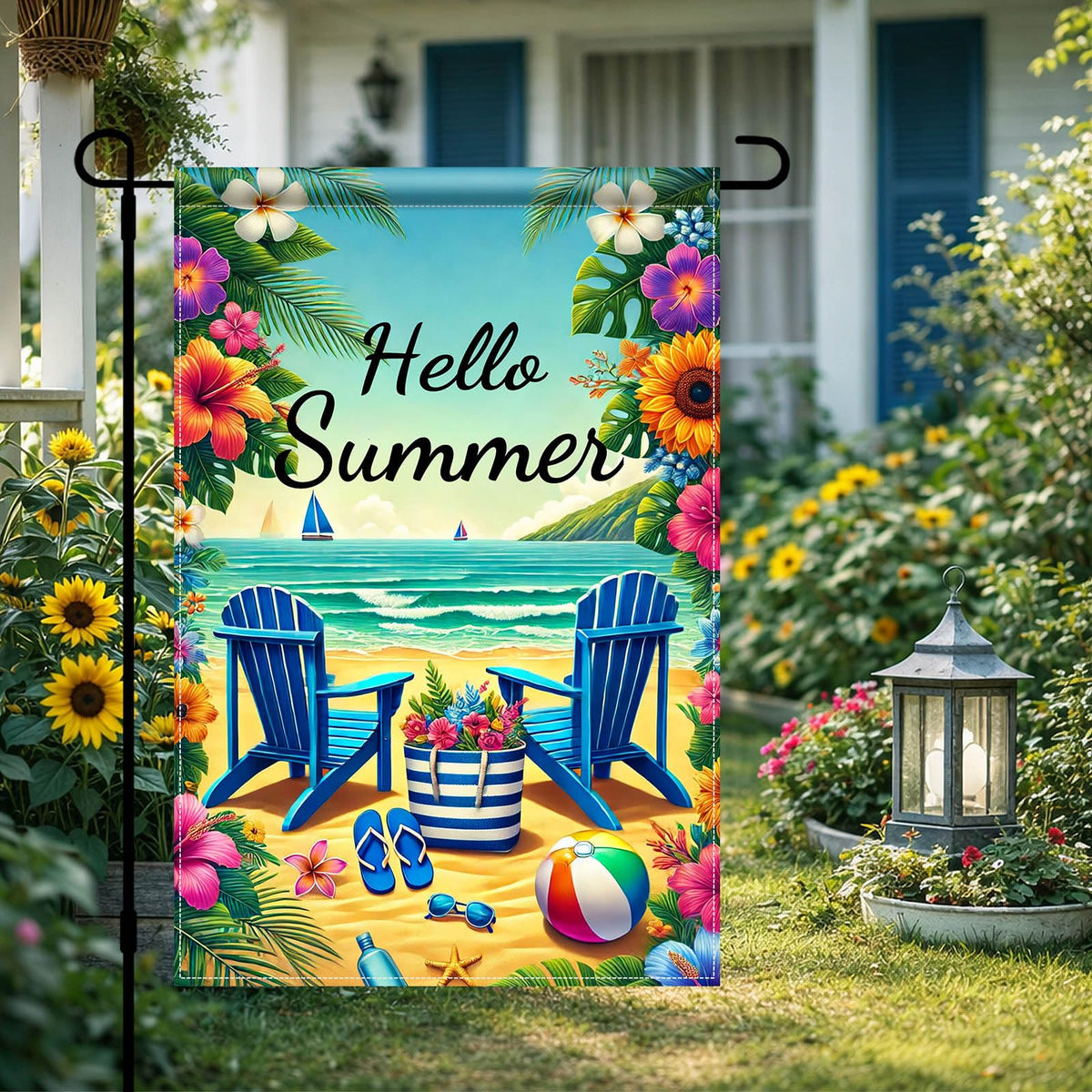 HOMETITUTE Beach chair sunset flag highlights sunset hues for cozy yard ambiance.