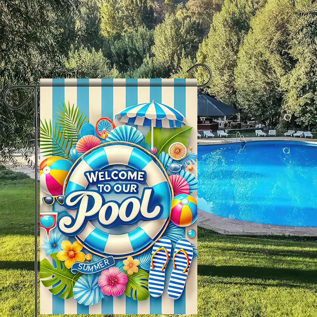 HOMETITUTE flip-flops flag invites casual outdoor welcome and seasonal cheer.