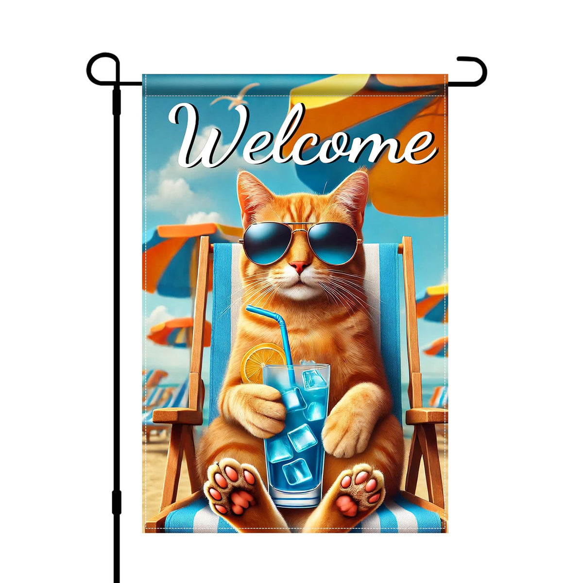 HOMETITUTE Hello Summer cat flag with beach chair for outdoor decor.