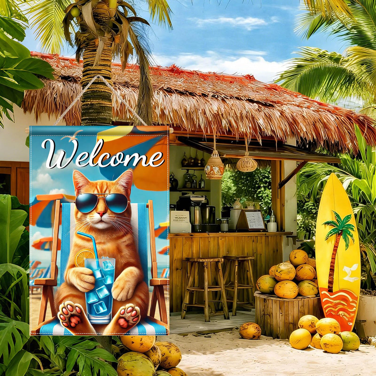 HOMETITUTE Hello Summer flag adds a coastal vibe to patios and yards.