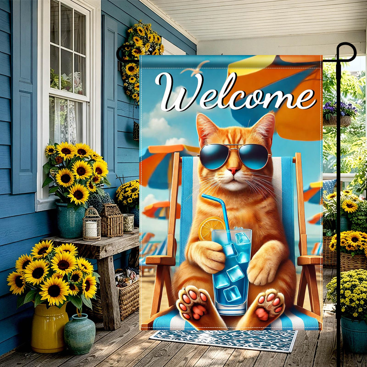 HOMETITUTE Hello Summer cat flag displays double-sided print for visibility.
