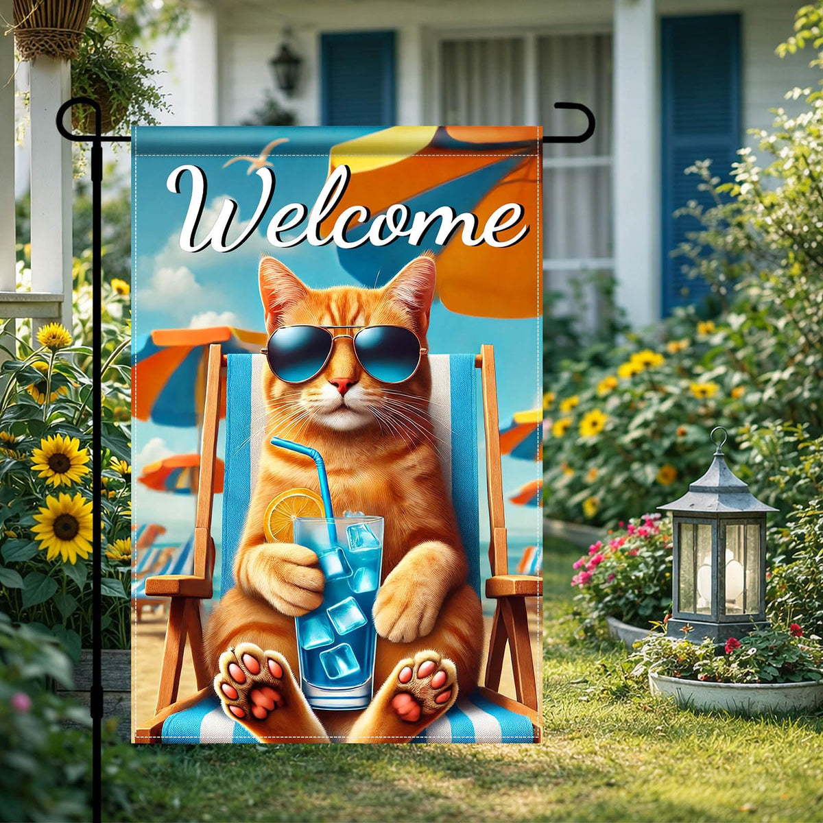 HOMETITUTE Hello Summer cat flag with sunglasses and drink for summer vibes.