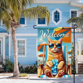 HOMETITUTE Hello Summer flag uses weatherproof polyester for outdoor durability.