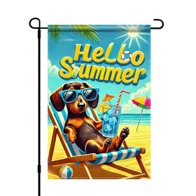 HOMETITUTE Hello Summer dachshund flag on a sunny porch for cheerful curb appeal.