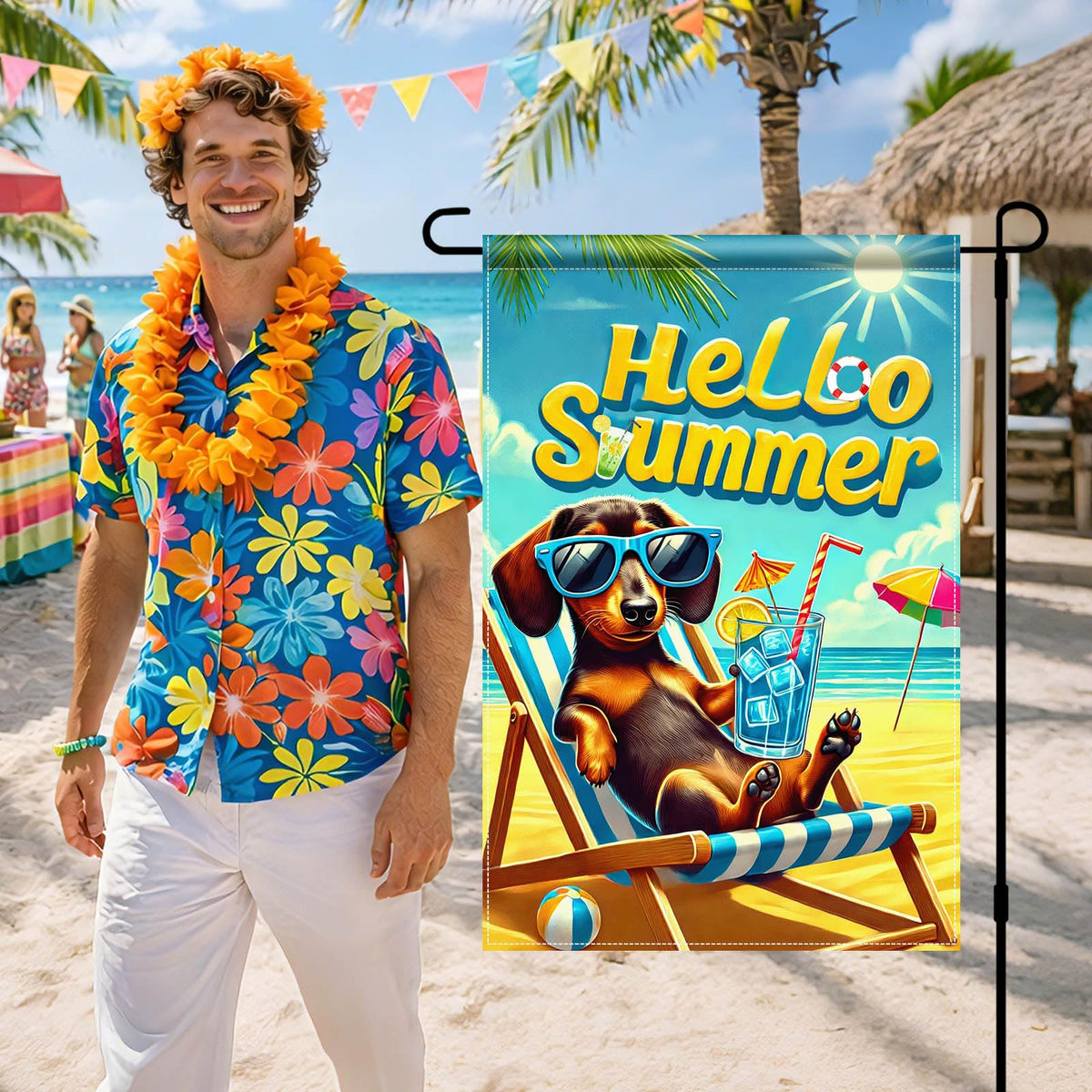 HOMETITUTE Hello Summer dachshund flag beach-party ready decor.