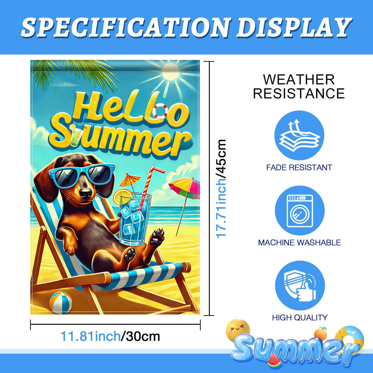 HOMETITUTE Hello Summer dachshund flag with a drink suits poolside gatherings.