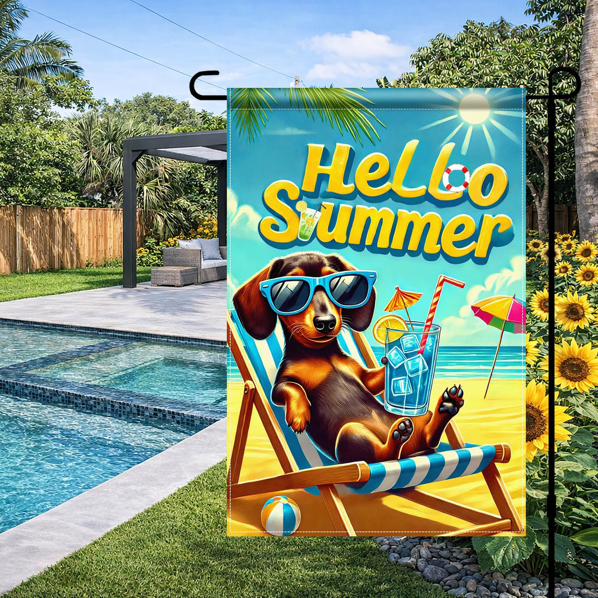 HOMETITUTE Hello Summer dachshund flag 12x18 size fits most garden poles.