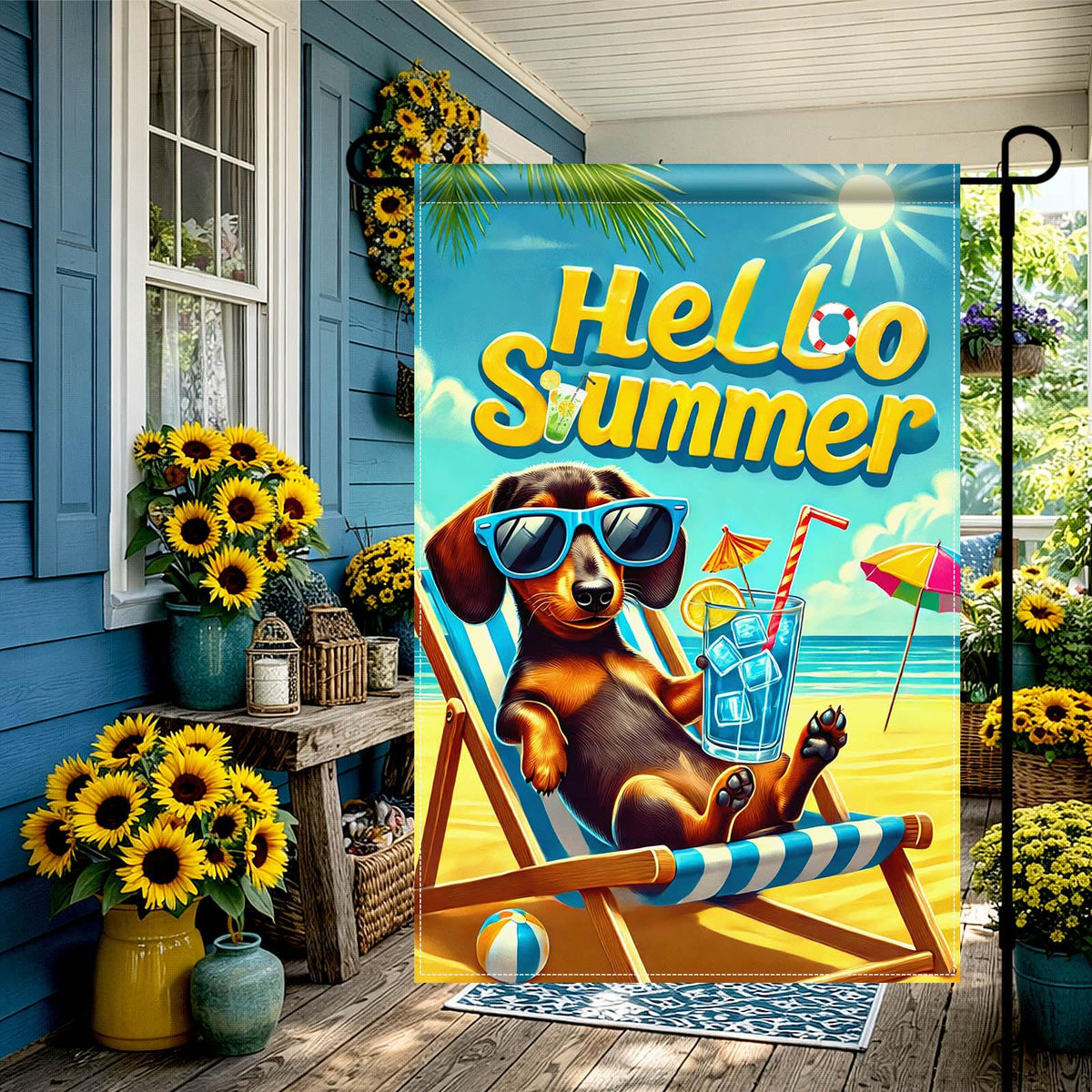 HOMETITUTE Hello Summer dachshund flag wearing sunglasses enhances garden vibes.