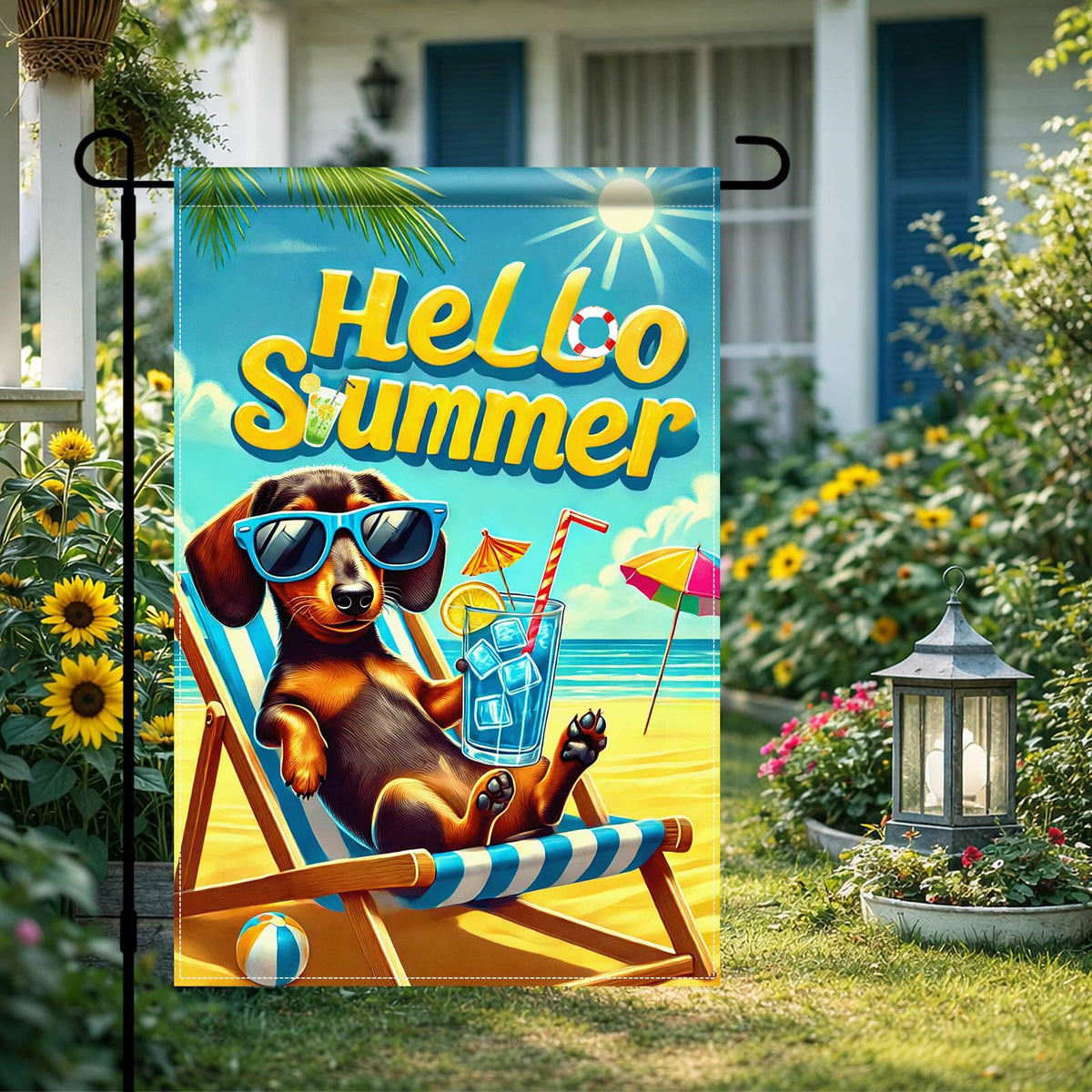 HOMETITUTE Hello Summer dachshund flag with beach chair brightens outdoor spaces.