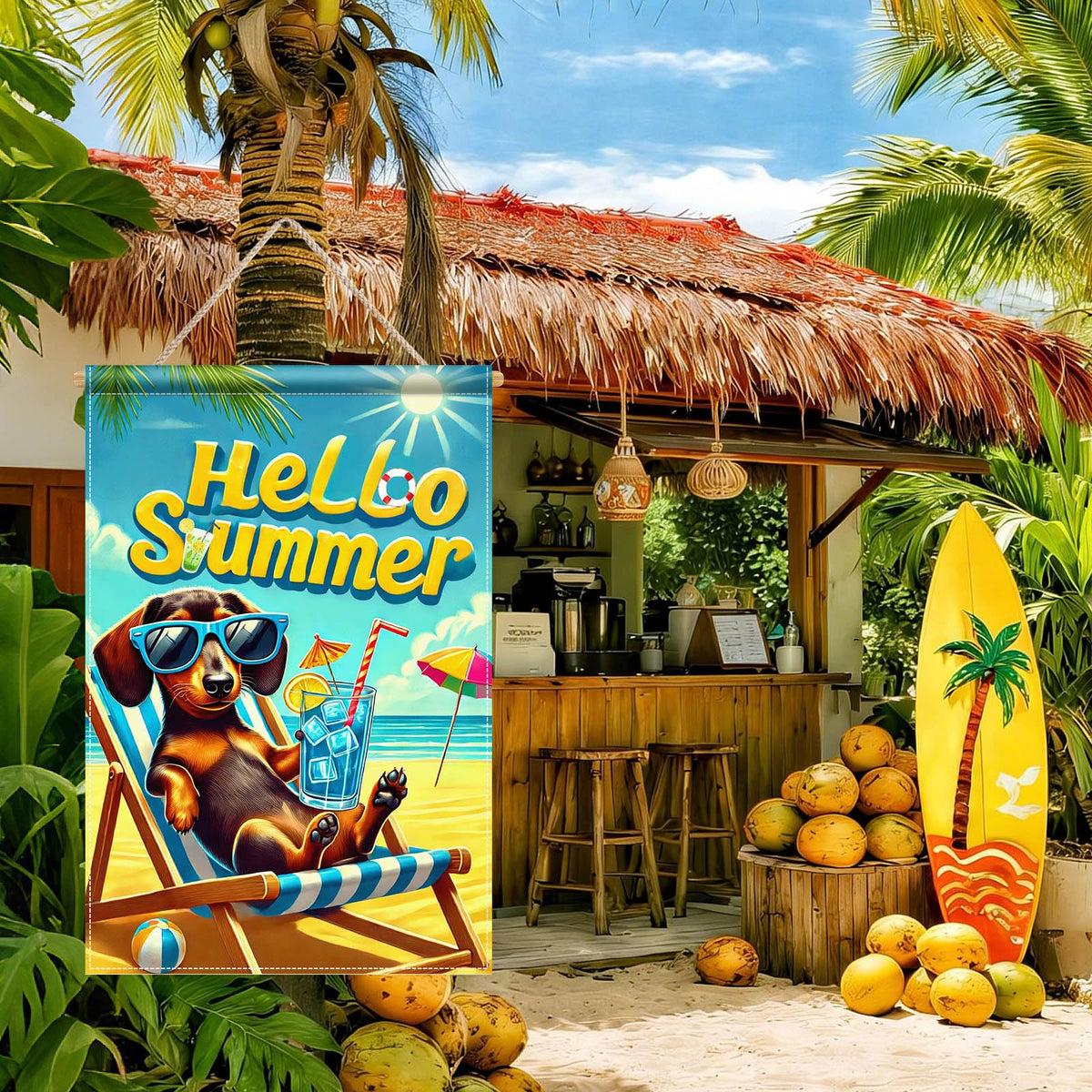 HOMETITUTE Hello Summer dachshund flag weather-resistant fabric withstands sun and rain.