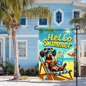 HOMETITUTE Hello Summer dachshund flag yard display creates festive outdoor ambiance.
