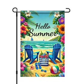 HOMETITUTE Hello Summer flag with tropical beach design for bright outdoor welcome.