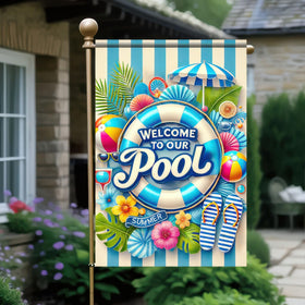 HOMETITUTE parasol flag for outdoor yard use and vibrant sunlit display.