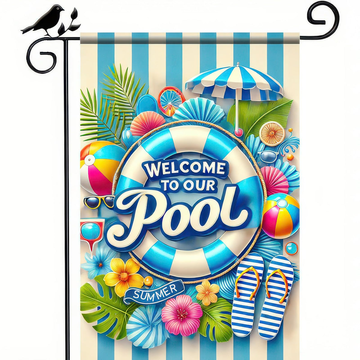 HOMETITUTE pool summer flag with palm leaf for durable poolside decor.