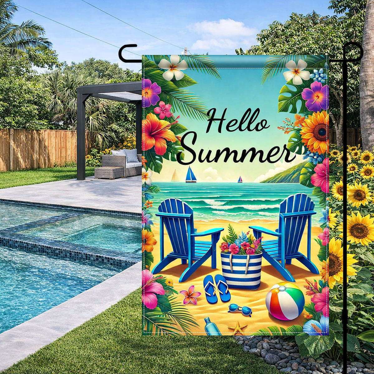 HOMETITUTE Tropical beach design flag adds seasonal charm to porches and gardens.