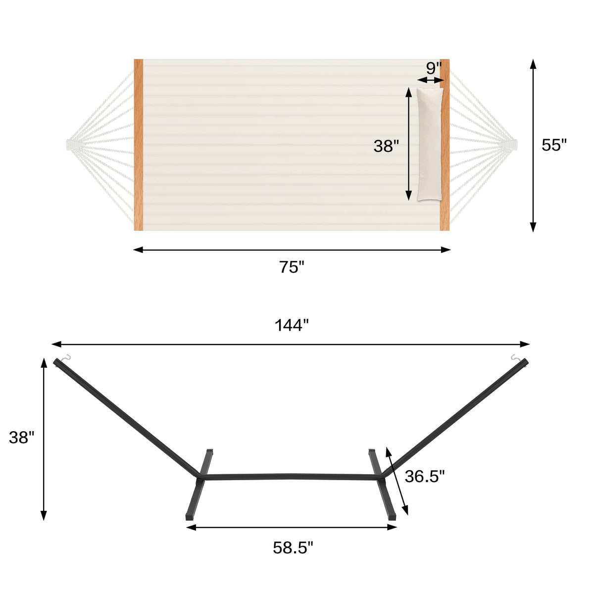 Homgava curved spreader-bar design enhances balance for two-person lounging.