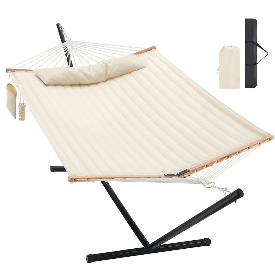 Homgava two-person hammock with stand in setup mode for easy outdoor lounging.