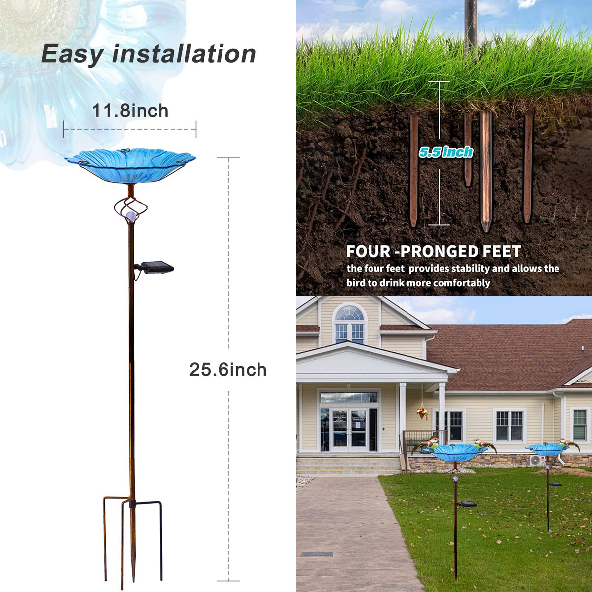 Homight blue glass bird bath with LED light enhances garden ambiance and attracts birds.