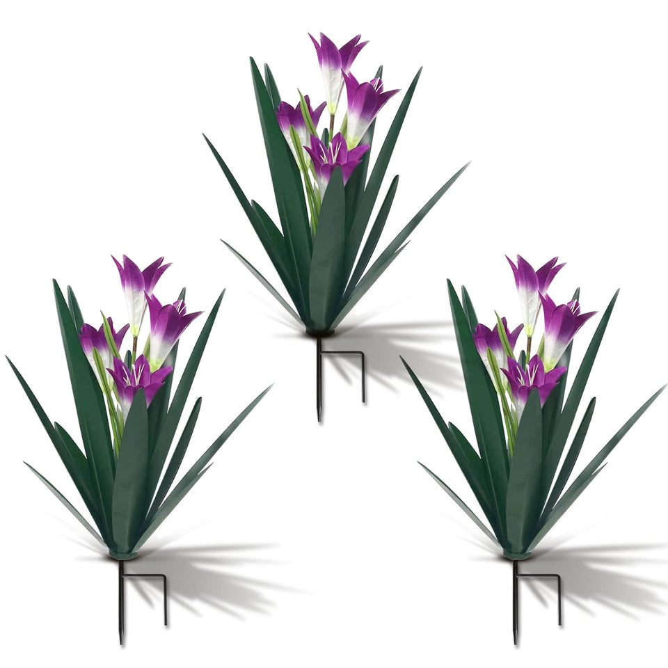 Homight metal agave plant statue with three purple lilies for durable outdoor decor.