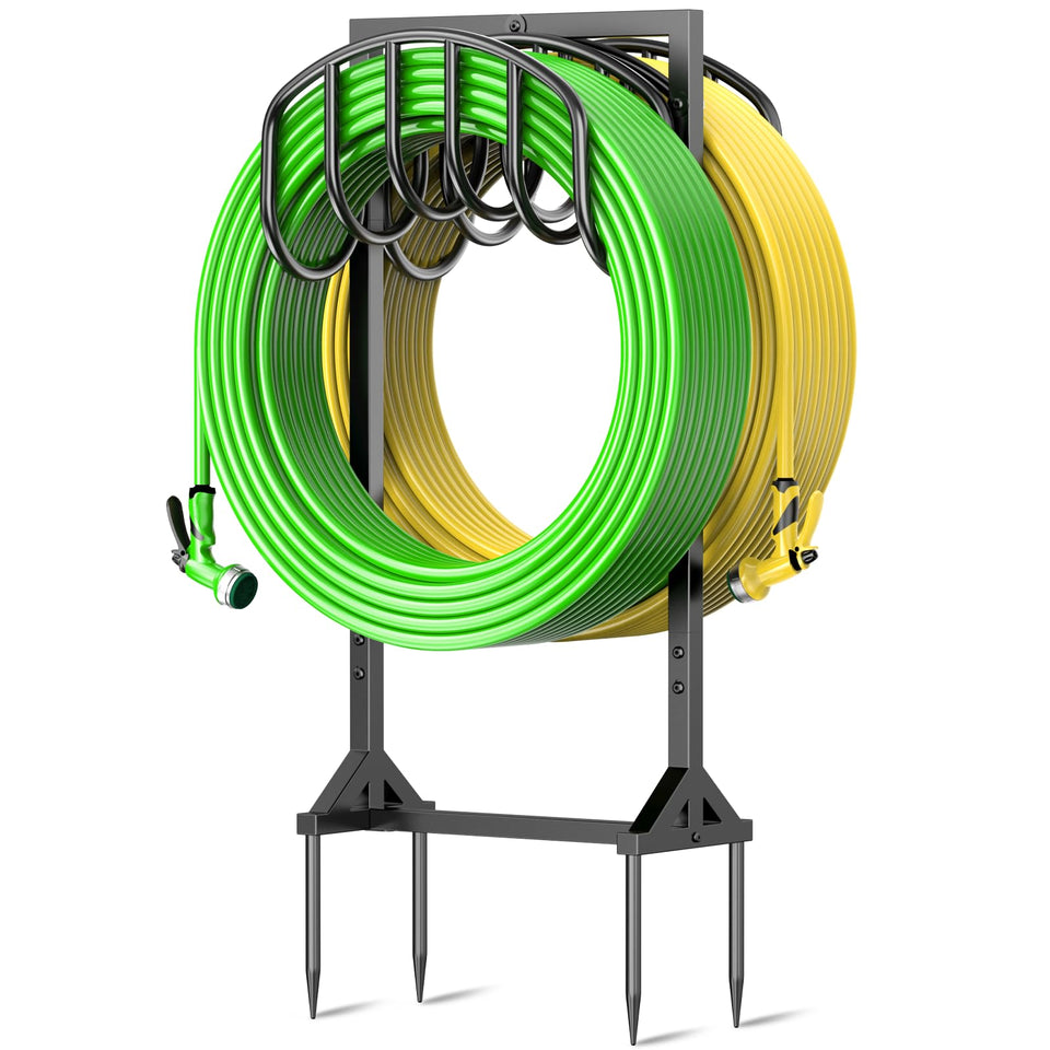 HOMIJIABRO garden hose holder with dual storage keeps hoses tidy outdoors