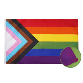 Homissor Progress Pride flag 3x5ft hangs with vivid, fade-resistant colors.