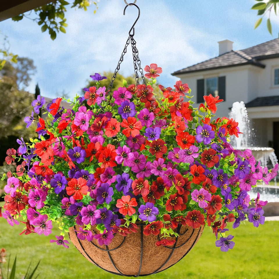 Hommyea artificial flowers hanging basket with multicolor blooms for year-round porch decor.