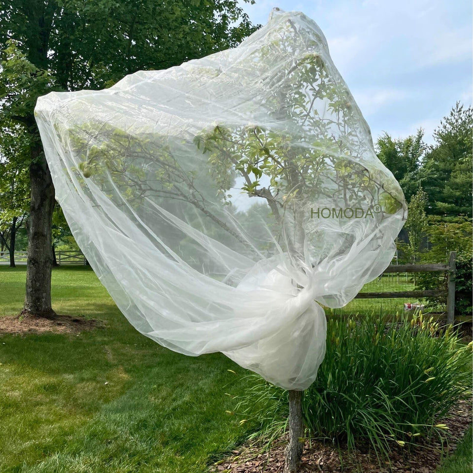 Homoda 15x15ft fruit tree netting covers a large tree to protect fruit from pests