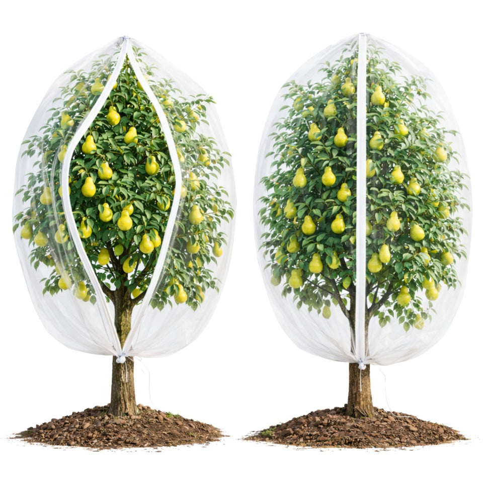 Homoda fruit tree netting cover with zipper and drawstring, side view protects trees from birds