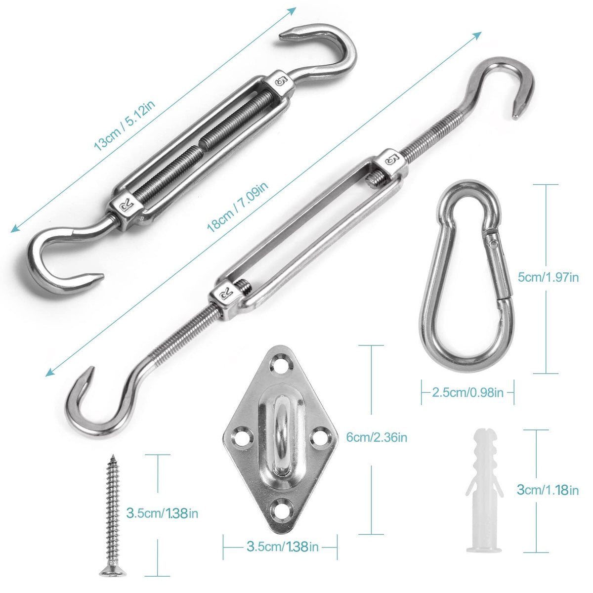 Homper carabiners enable quick clip-on connections for shade sails.