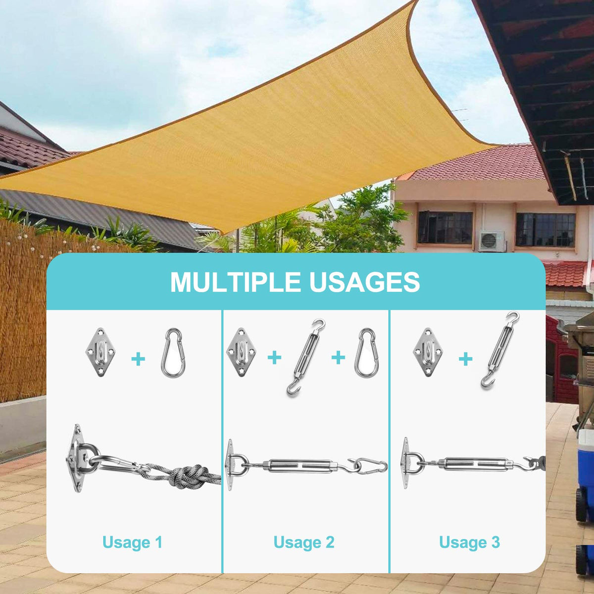 HOMPER M6 installation kit shown as complete outdoor shade sail hardware