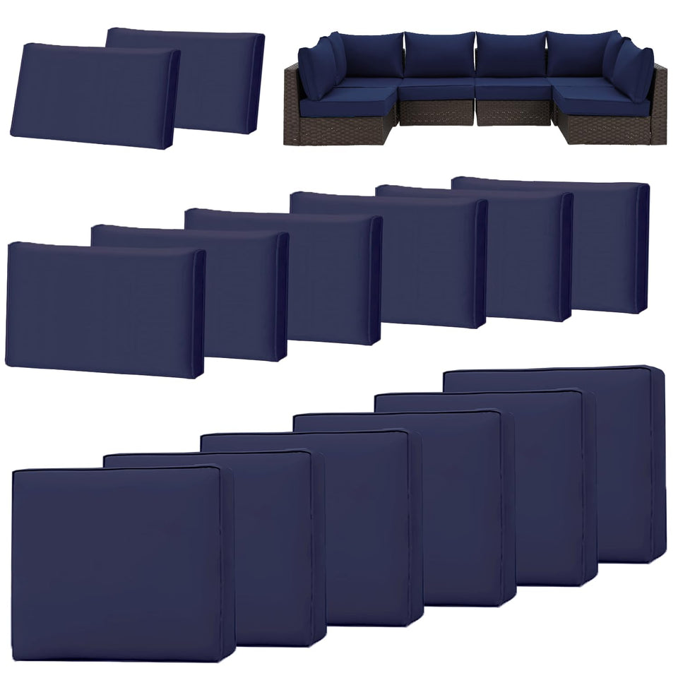 HOMREST 14-piece outdoor cushion covers on a navy sectional for quick patio refresh.