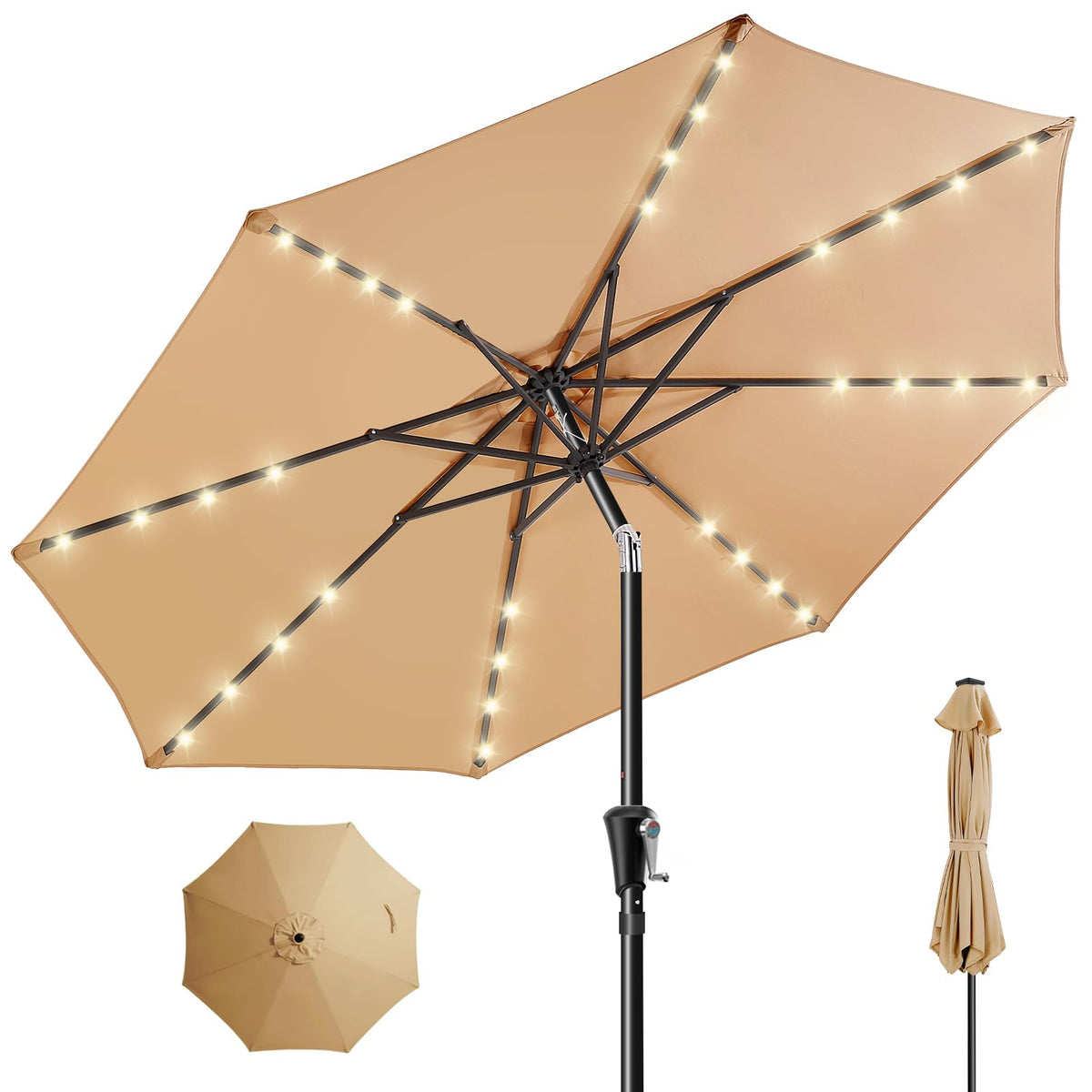 HOMSHADE 9ft solar patio umbrella top panel powering ambient lighting for outdoor spaces.