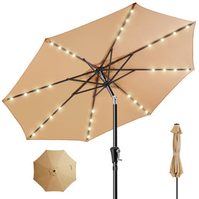 HOMSHADE 9ft solar patio umbrella top panel powering ambient lighting for outdoor spaces.