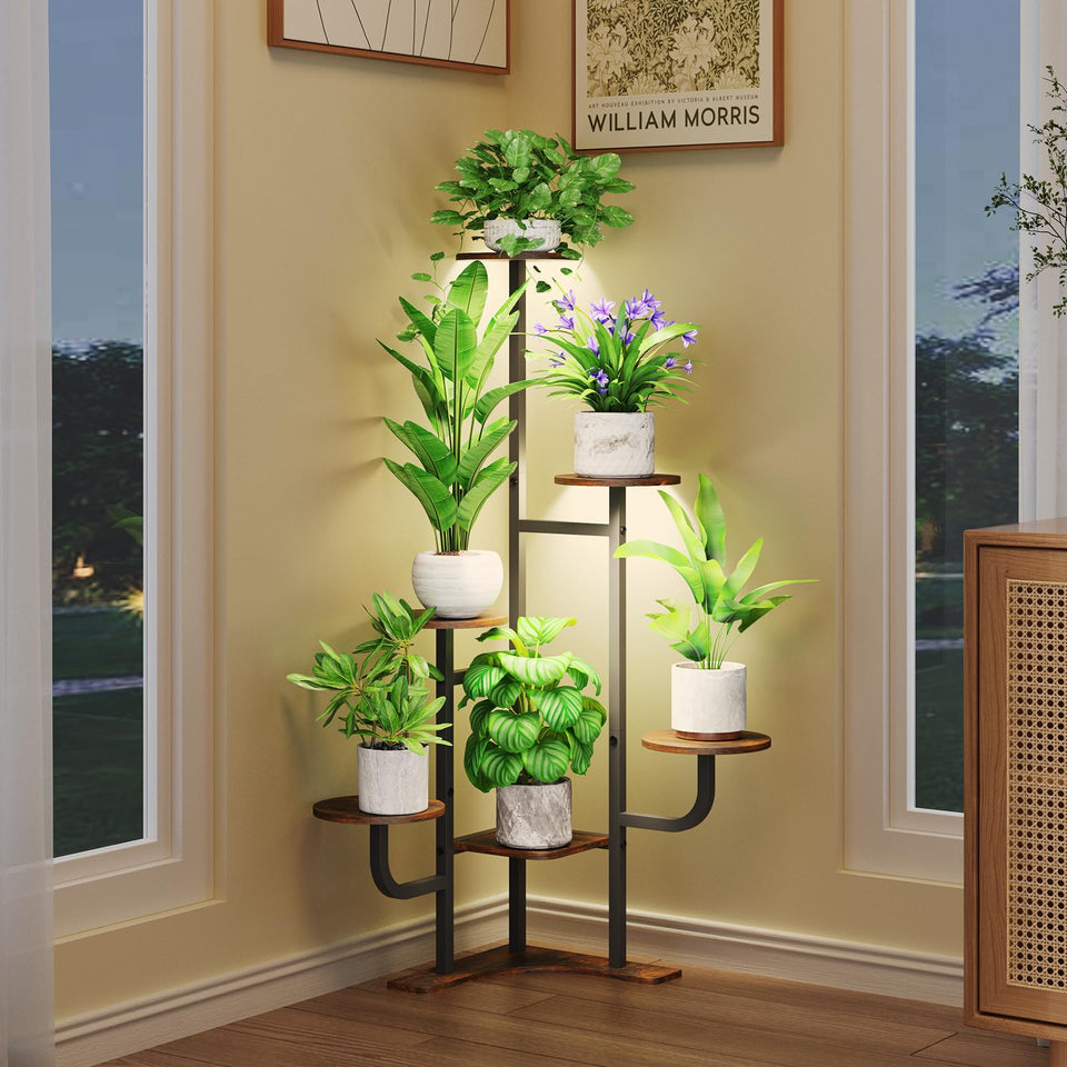 Homsorout 6-tier corner plant stand displayed in a cozy living room corner