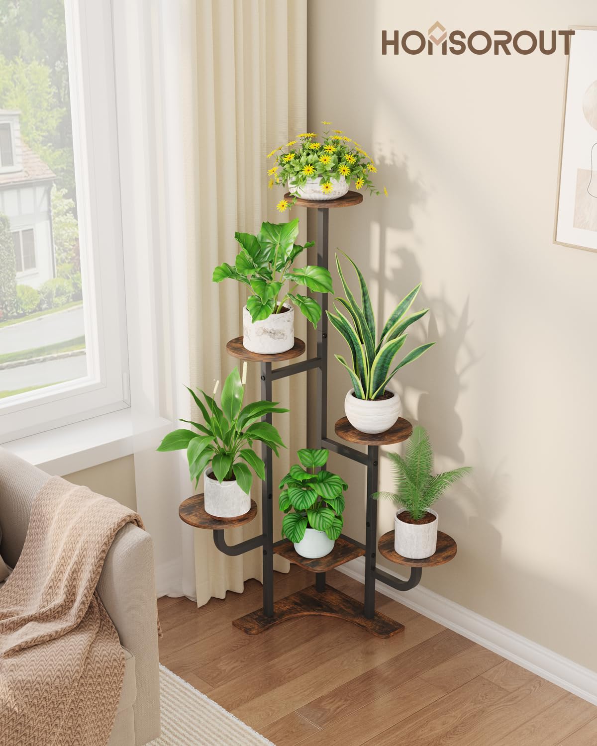 Homsorout plant stand enhances living room decor with natural warmth.