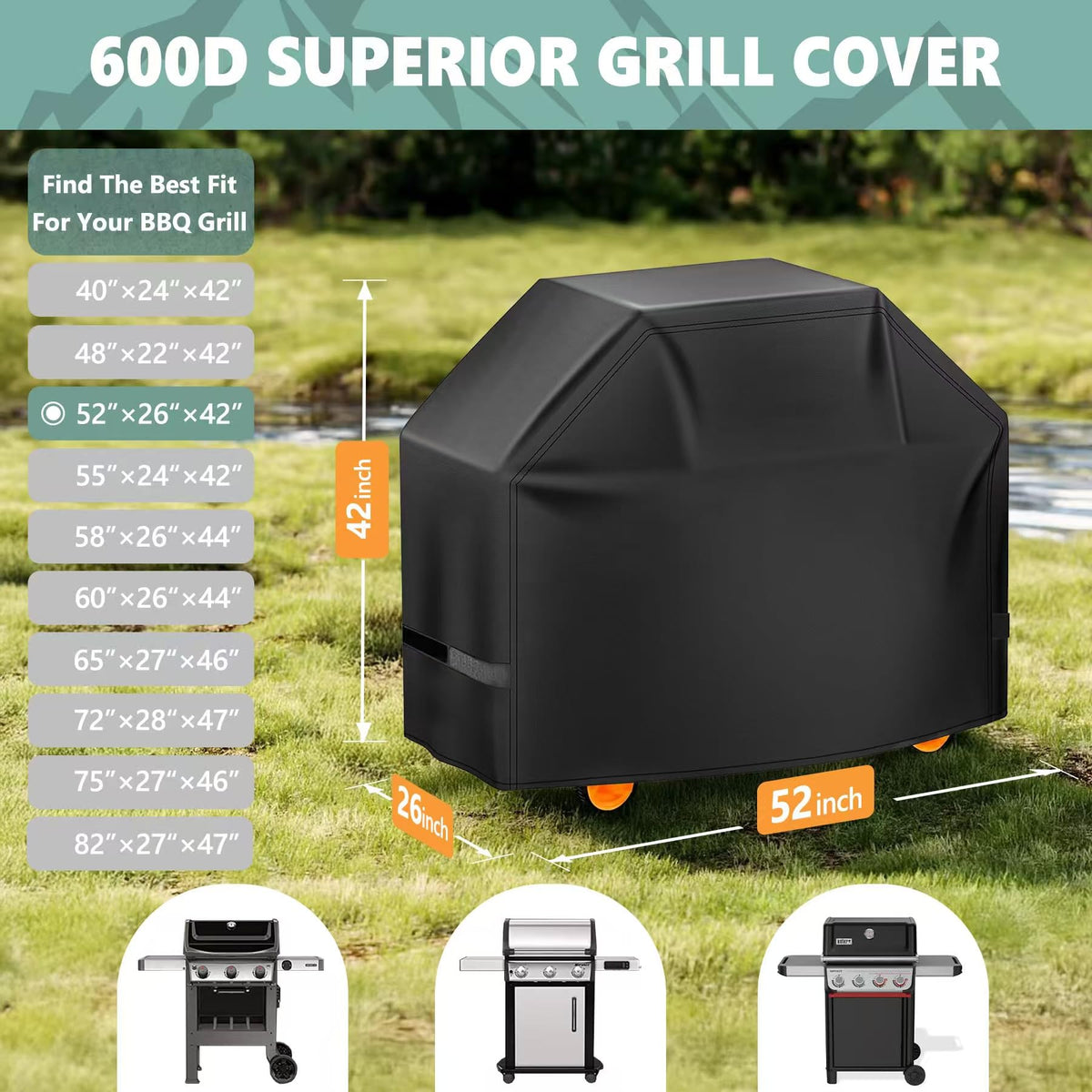 HomWanna 52-inch grill cover front view fits Weber Spirit securely.