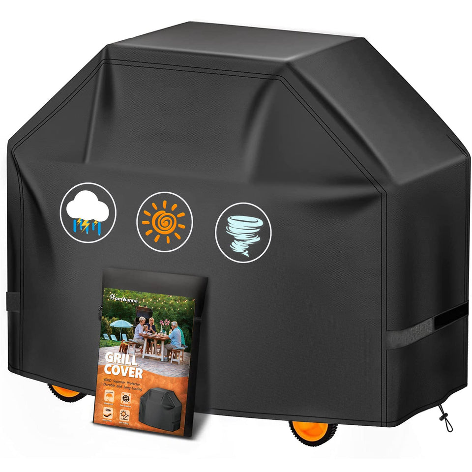 HomWanna grill cover 65 inch over Weber Genesis II E325, protecting from rain and dust.