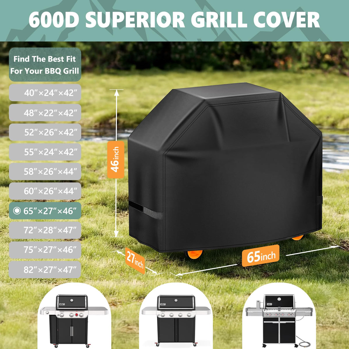 HomWanna grill cover 65 inch over Weber Genesis II E410, shielding from wind and sun.