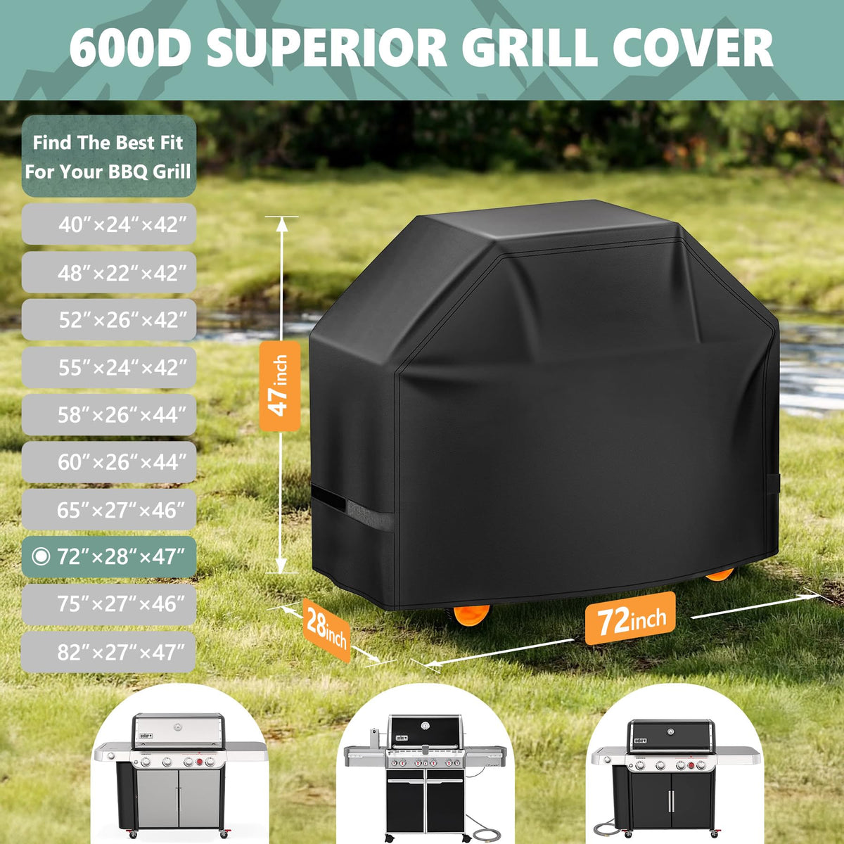 HomWanna 72-inch grill cover offers precise fit for Weber Summit 670 and similar grills.