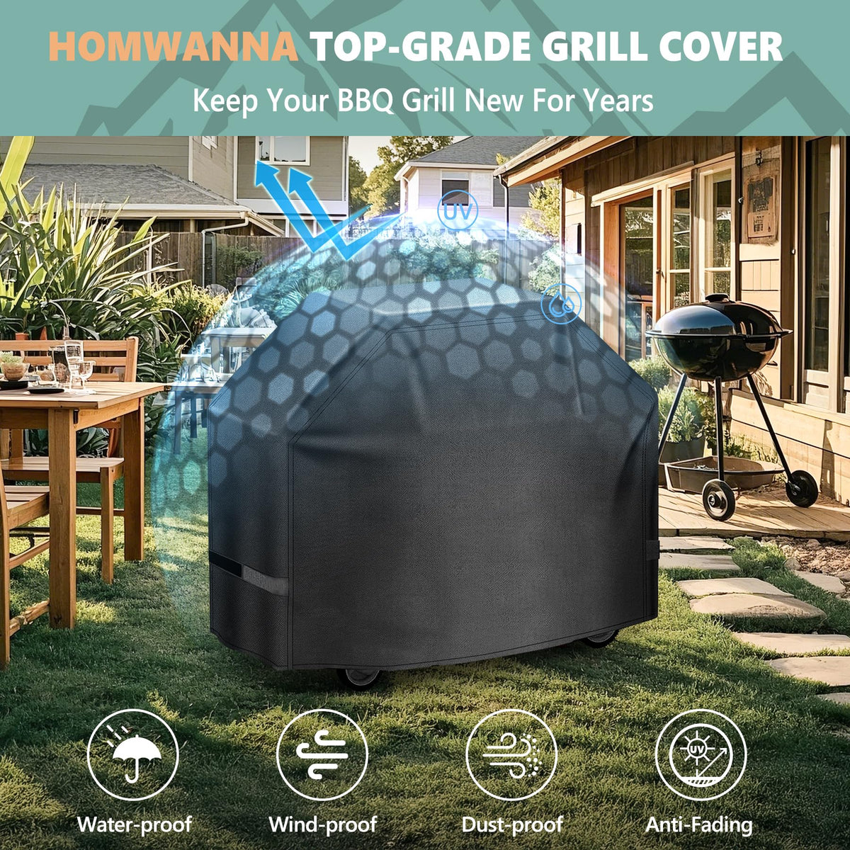 Waterproof 600D finish beads water off the HomWanna grill cover for Weber grills.