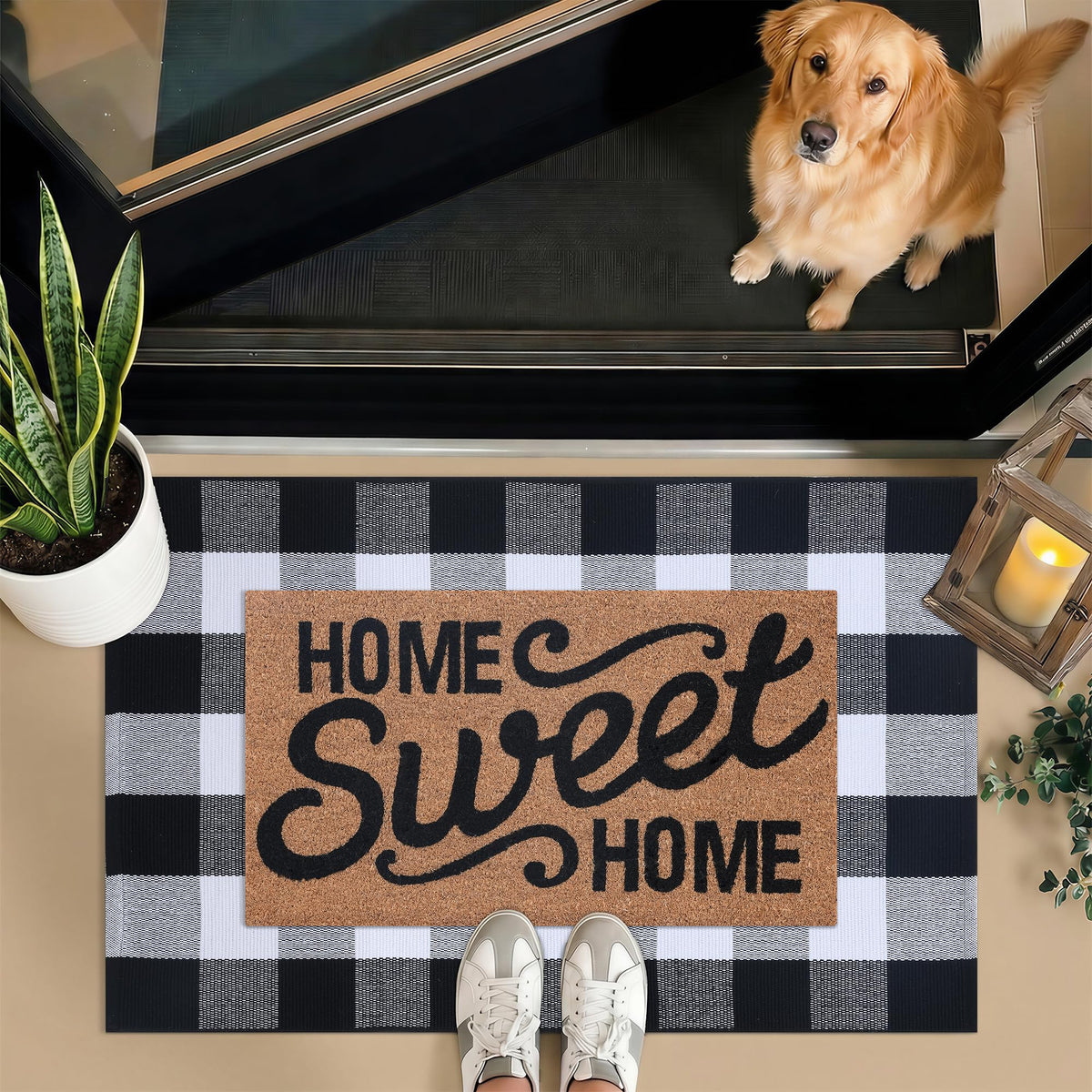 Homydecor outdoor mat welcomes guests while trapping debris