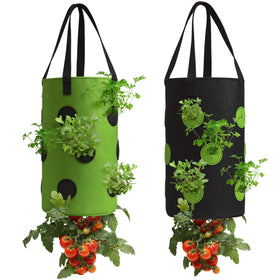 Homyhoo upside-down planter bags in black and green, space-saving for small balconies.