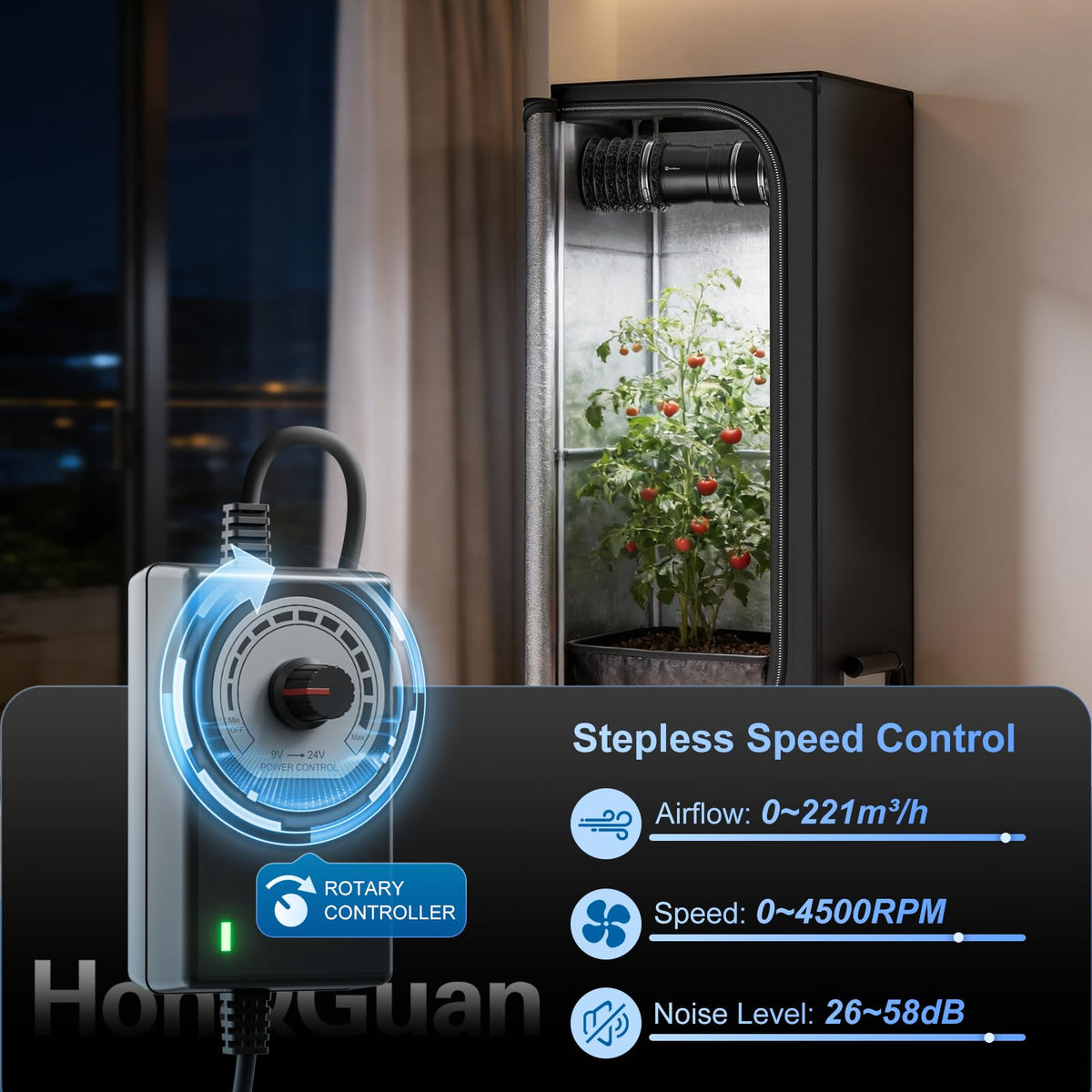 Hon&Guan inline fan controller demonstrates adjustable speed for balanced airflow.