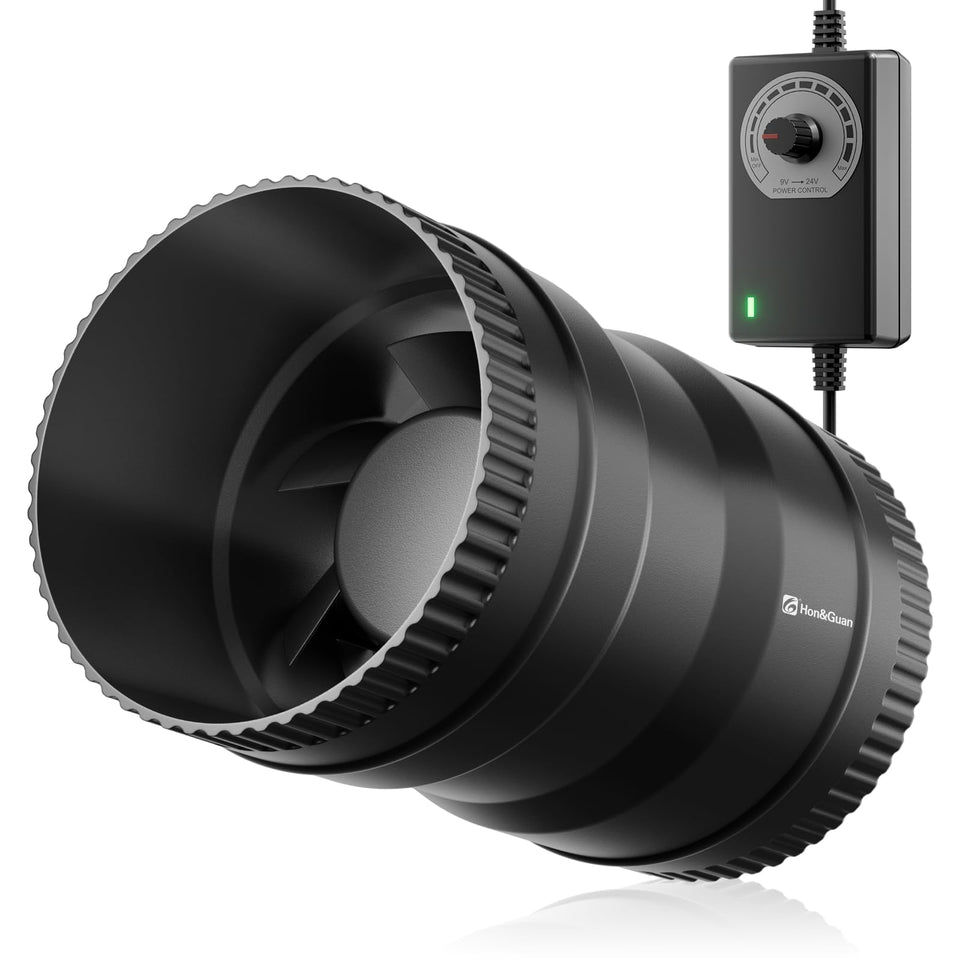 Hon&Guan 4-inch inline fan front view boosts compact ventilation in tight spaces.