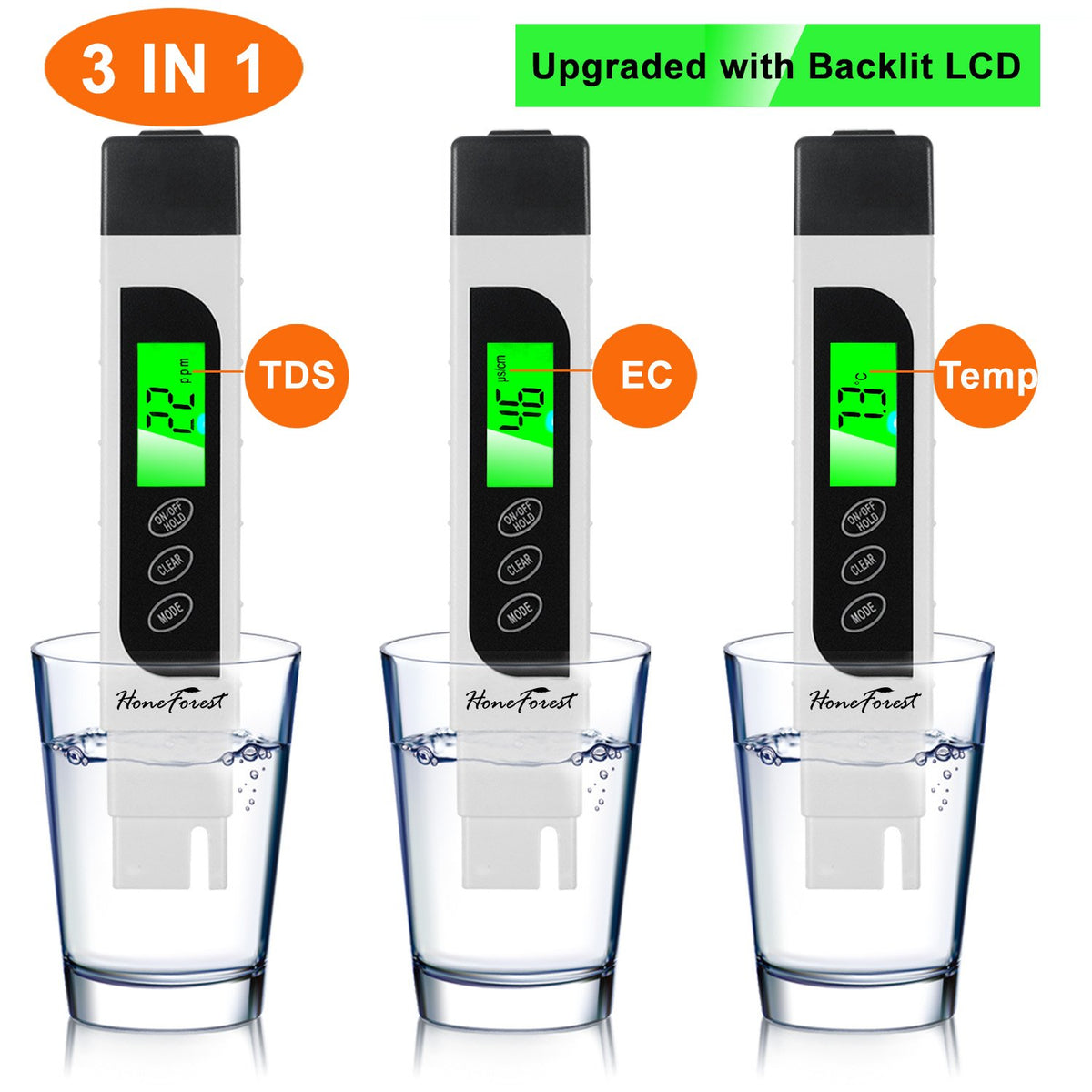 HoneForest TDS Meter back view, durable unit for everyday testing.